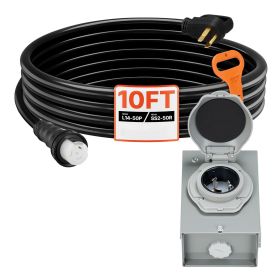 50 Amp Generator Cord and Power Inlet Box, 10FT, 125V/250V STW 6/3 + 8/1 AWG Extension Power Cord, NEMA 14-50P to SS2-50R, Twist Lock Connector